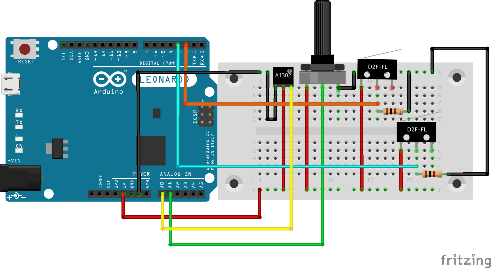 Fritzing breadboard diagram wiring an Arduino Leonardo to an A1302 Hall-effect sensor, a potentiometer and two D2F-FL microswitches with pull-down resistors