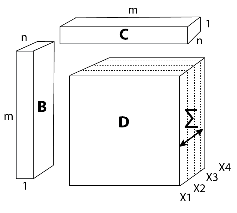 A cube labeled D of size m by m by n, summed along the feature axis